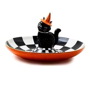 Brand New MacKenzie-Childs Trick Or Treat Cat Check Candy Dish, NWT